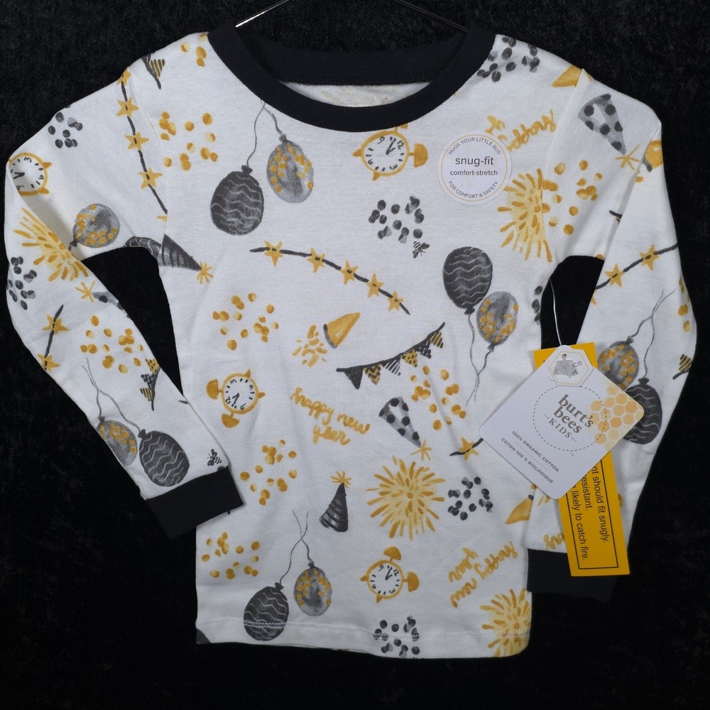 Burts Bees Kids 4T Happy New Year Organic Cotton Pajama Top only White Gold